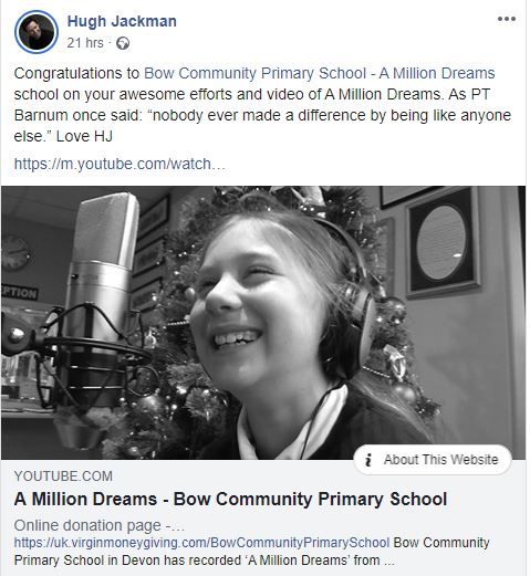 Huge thanks to <a href="/RealHughJackman/">Hugh Jackman</a> for sharing Bow Community Primary School's A Million Dreams music video to his fans on Facebook! Thanks to the amazing teachers and children who are supporting <a href="/CLIC_Sargent/">CLIC Sargent</a> and <a href="/DSAInfo/">Down's Syndrome Association</a> this Christmas❤️ Watch here: youtube.com/watch?v=cknrUR…