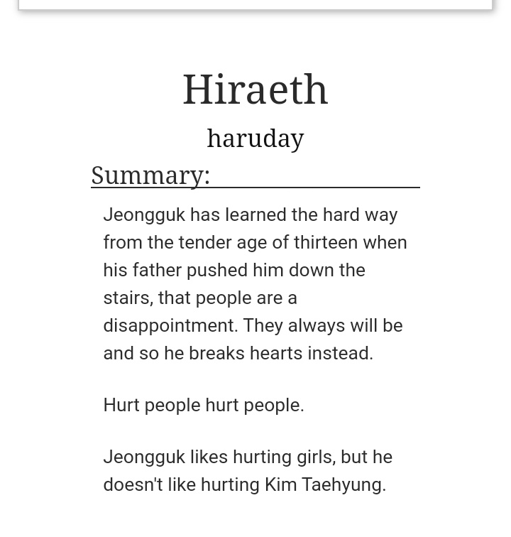 HIRAETH | TAEKOOK, SIDE YOONMINOh boy, what a ride. Sometimes fixing yourself is a real long process and I'm glad this fic describes it in such a raw and realistic way.