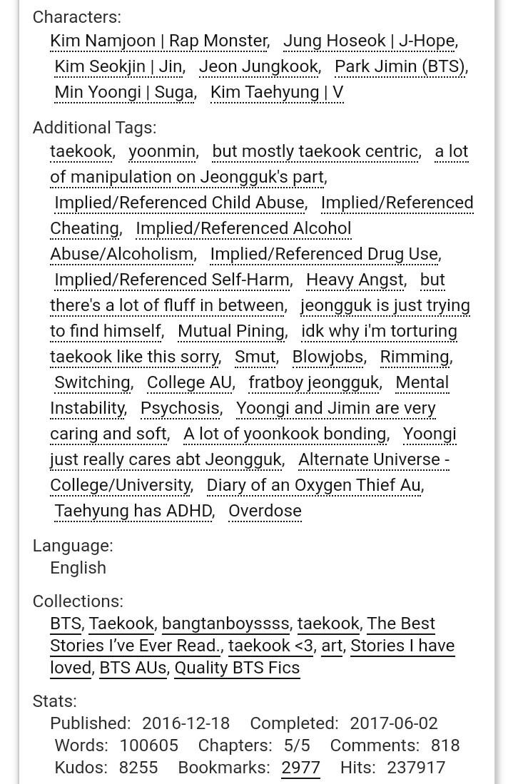 HIRAETH | TAEKOOK, SIDE YOONMINOh boy, what a ride. Sometimes fixing yourself is a real long process and I'm glad this fic describes it in such a raw and realistic way.