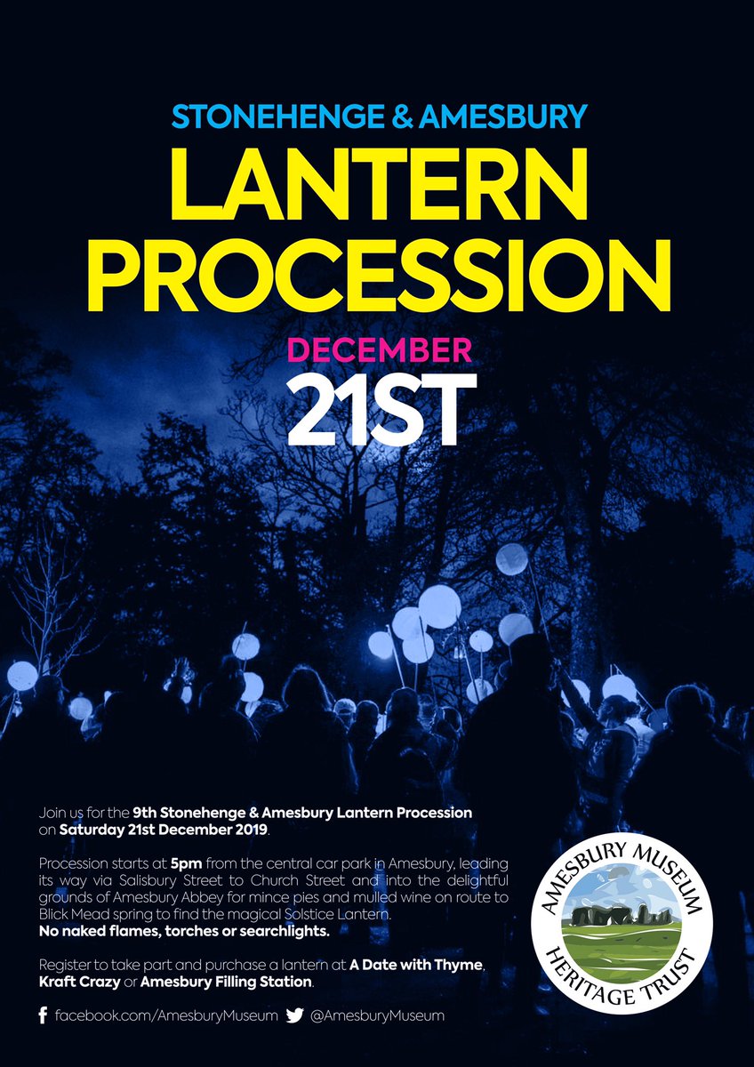 AmesburyMuseum's tweet photo. On Saturday 21st the Solstice Lantern will be lit as sun sets at #Stonehenge capturing the last embers of light from the shortest day &amp; taken to Blick Mead. At 5.00pm a lantern procession leaves Amesbury central car park to find the light &amp; celebrate Mid Winter @ Amesbury Abbey https://t.co/5GEQ89aid8