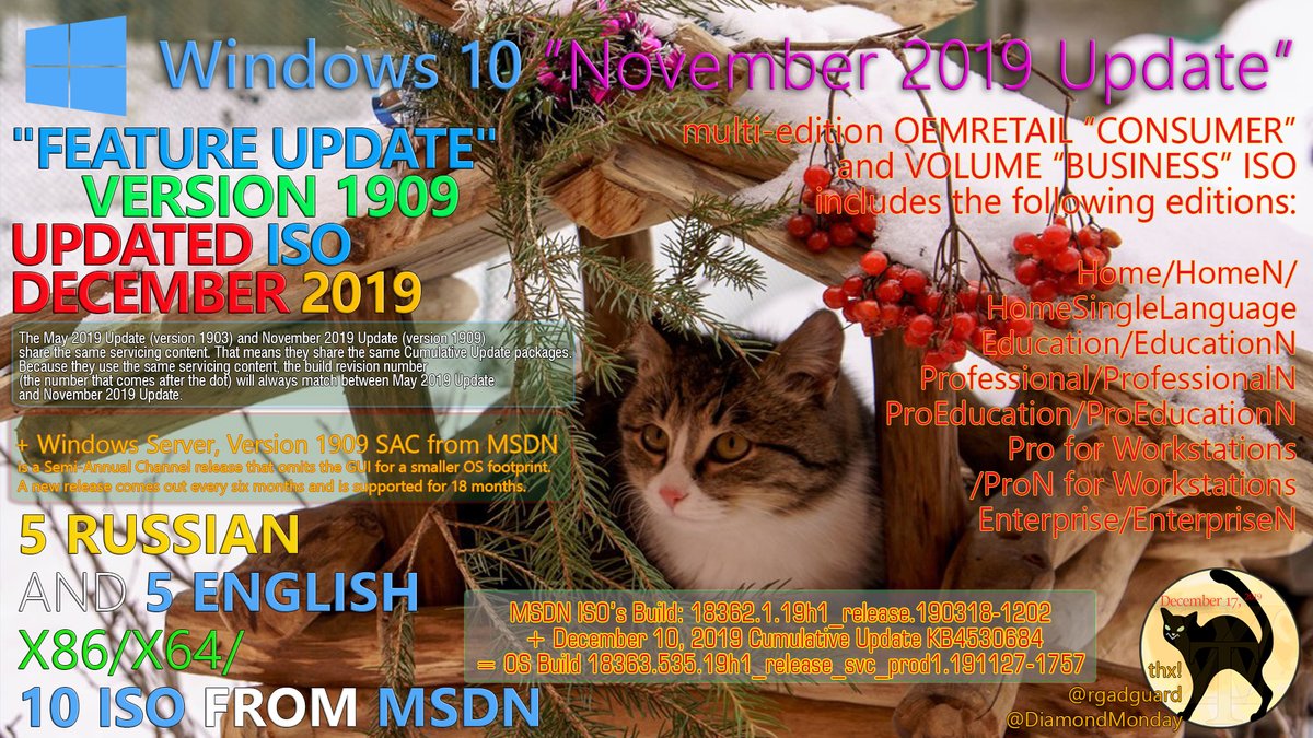 WZorNET's tweet photo. 😻📢Windows 10 Ver. 1909 / Server 1909 #SAC, (#UpdatedDec2019)
📋#19H2 RTM Build 18363.418 with #KB4517389 + Dec. 10, 2019 #KB4530684 = 18363.535.19h1_release_svc_prod1.191127-1757
📁5-RUS|5-ENG X86/X64 #CONSUMER/#BUSINESS/#SERVERSAC from #MSDN👉https://t.co/ugBr9qXAXM
👁️W.Z.T🎉 https://t.co/G6hQlDB8qh