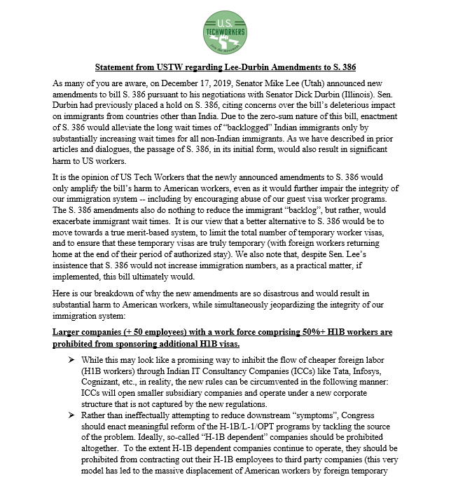 USTechWorkers's tweet photo. Statement from USTW regarding Lee-Durbin Amendments to S. 386 "Fairness for High Skilled Immigrants Act".
TL;DR:
- Doesn't curb H-1B abuse or protect American workers
- Will INCREASE immigration numbers
- Doesn't solve backlog, but exacerbate it
- Encourage black market for EADs. https://t.co/rjRv8exvQi