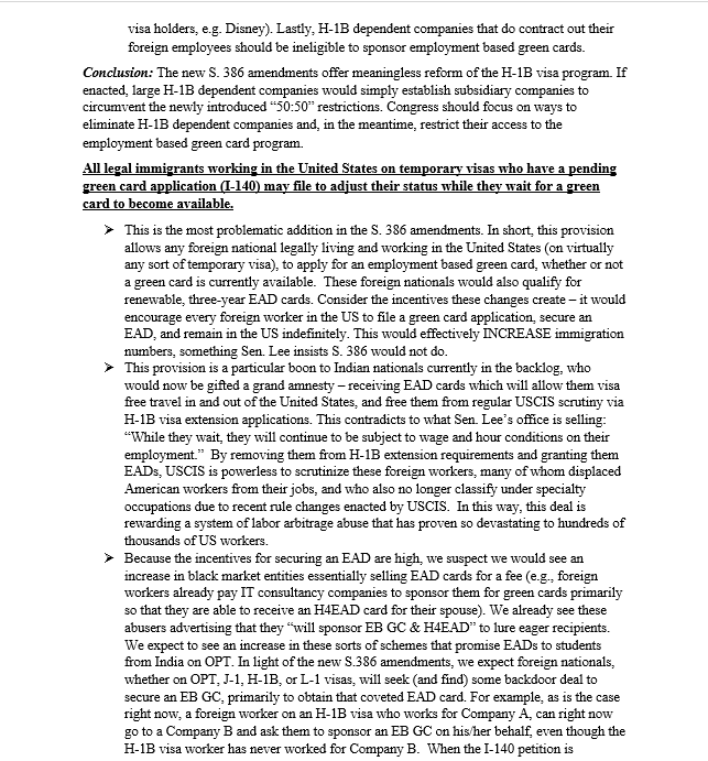 USTechWorkers's tweet photo. Statement from USTW regarding Lee-Durbin Amendments to S. 386 "Fairness for High Skilled Immigrants Act".
TL;DR:
- Doesn't curb H-1B abuse or protect American workers
- Will INCREASE immigration numbers
- Doesn't solve backlog, but exacerbate it
- Encourage black market for EADs. https://t.co/rjRv8exvQi
