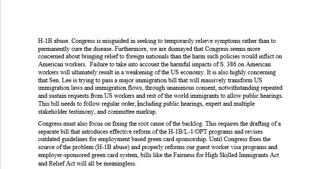 USTechWorkers's tweet photo. Statement from USTW regarding Lee-Durbin Amendments to S. 386 "Fairness for High Skilled Immigrants Act".
TL;DR:
- Doesn't curb H-1B abuse or protect American workers
- Will INCREASE immigration numbers
- Doesn't solve backlog, but exacerbate it
- Encourage black market for EADs. https://t.co/rjRv8exvQi