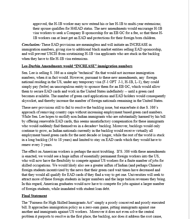 USTechWorkers's tweet photo. Statement from USTW regarding Lee-Durbin Amendments to S. 386 "Fairness for High Skilled Immigrants Act".
TL;DR:
- Doesn't curb H-1B abuse or protect American workers
- Will INCREASE immigration numbers
- Doesn't solve backlog, but exacerbate it
- Encourage black market for EADs. https://t.co/rjRv8exvQi