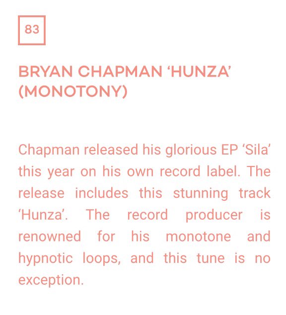 BryanChapman's tweet photo. Big thanks to @Mixmag for naming Hunza in its top 100 tracks for 2019, which came out on @mntymntymnty #techno #mixmag #mnty #UKtechno  https://t.co/b4vpsvhagH https://t.co/n8RaRRaLfT
