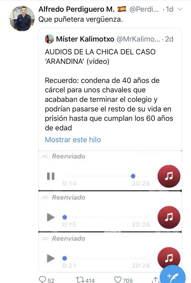 RubenSanchezTW's tweet photo. El subinspector de Policía Alfredo Perdiguero (@PerdigueroSIPEp), de Vox, también retuiteó al tipo que difundió los audios de la niña víctima de la violación de los jugadores del Arandina. Tuit borrado, pero hice certificado digital del RT. A disposición de familia y Fiscalía. https://t.co/qeev6h9IPZ