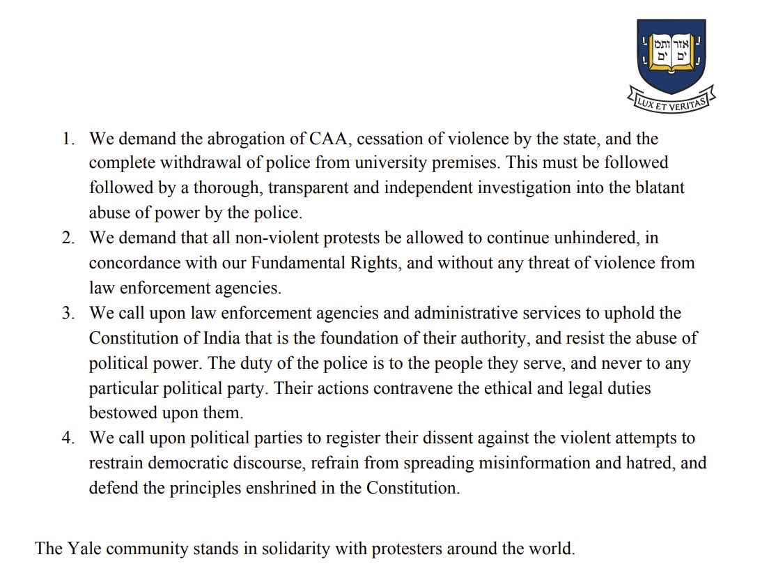 iamdivyakrish's tweet photo. @Yale students have joined the chorus of voices in solidarity with fellow students in India. Read our open letter here.
https://t.co/9MHdJJeUFf #CAAProtest #allagainst #CAAAgainstConstitution #CAA_नही_चलेगा #CABBill2019 https://t.co/r3BNizo7fW