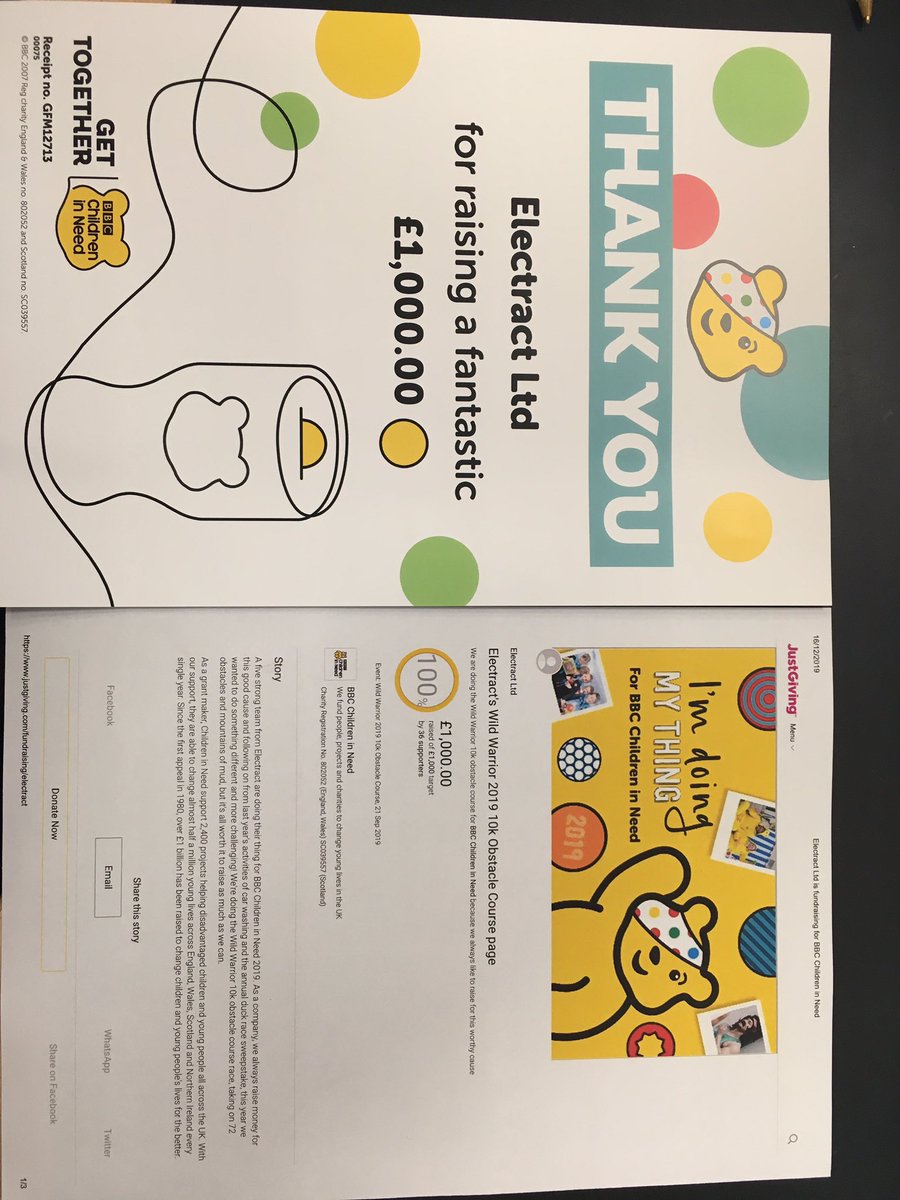 The total amount sent to  #bbcchildreninneed this year from our fundraising efforts was a fantastic £2,000, well done #teamelectract