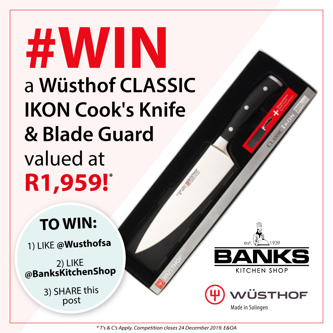 banksshop's tweet photo. #WIN a Wüsthof CLASSIC IKON Cook's Knife &amp; Blade Guard valued at  R1,959!*

TO WIN:
1) LIKE @Wusthofsa 
2) LIKE @BanksKitchenShop
3) SHARE this post

GOOD LUCK!

* T's &amp; C's Apply. Competition closes 24 December 2019. E&amp;OA https://t.co/yLupXv1dtH