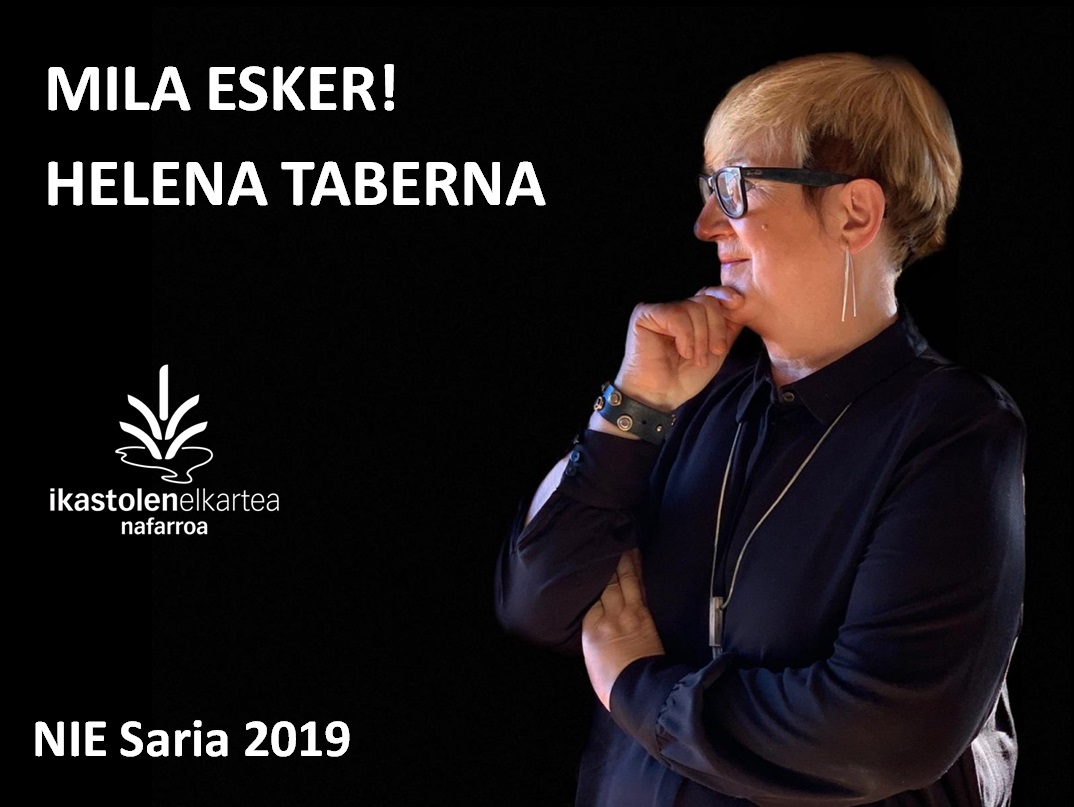 NafarIkastolak's tweet photo. HELENA TABERNA, ZORIONAK!!!!
PREMIO NIE, por la labor realizada en favor del euskera, la cultura vasca, la mujer, la memoria histórica y, en general, en favor del cambio de la sociedad a través del cine.
#NIESaria #PremioNIE #HelenaTaberna
@lamiapro https://t.co/5ACwPStddb