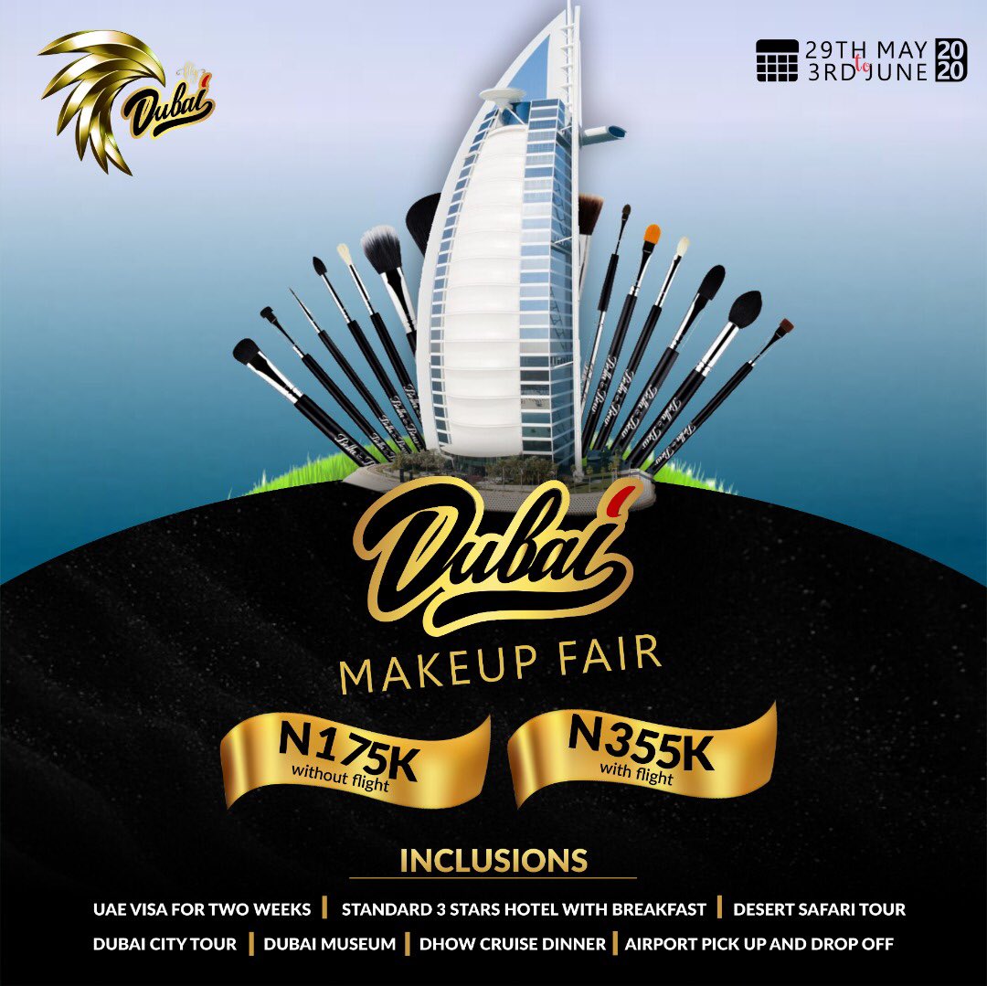 FlydubaiNg's tweet photo. The Dubai makeup fair;

Standard 3 stars hotel with breakfast
Desert safari tour 
Dubai city tour
Dubai Museum
Dhow cruise dinner 
UAE Visa for two weeks 
Airport pick up and drop off

Price Per person without flight is N175000, 

With flight N355000 https://t.co/RO58xg0YGB