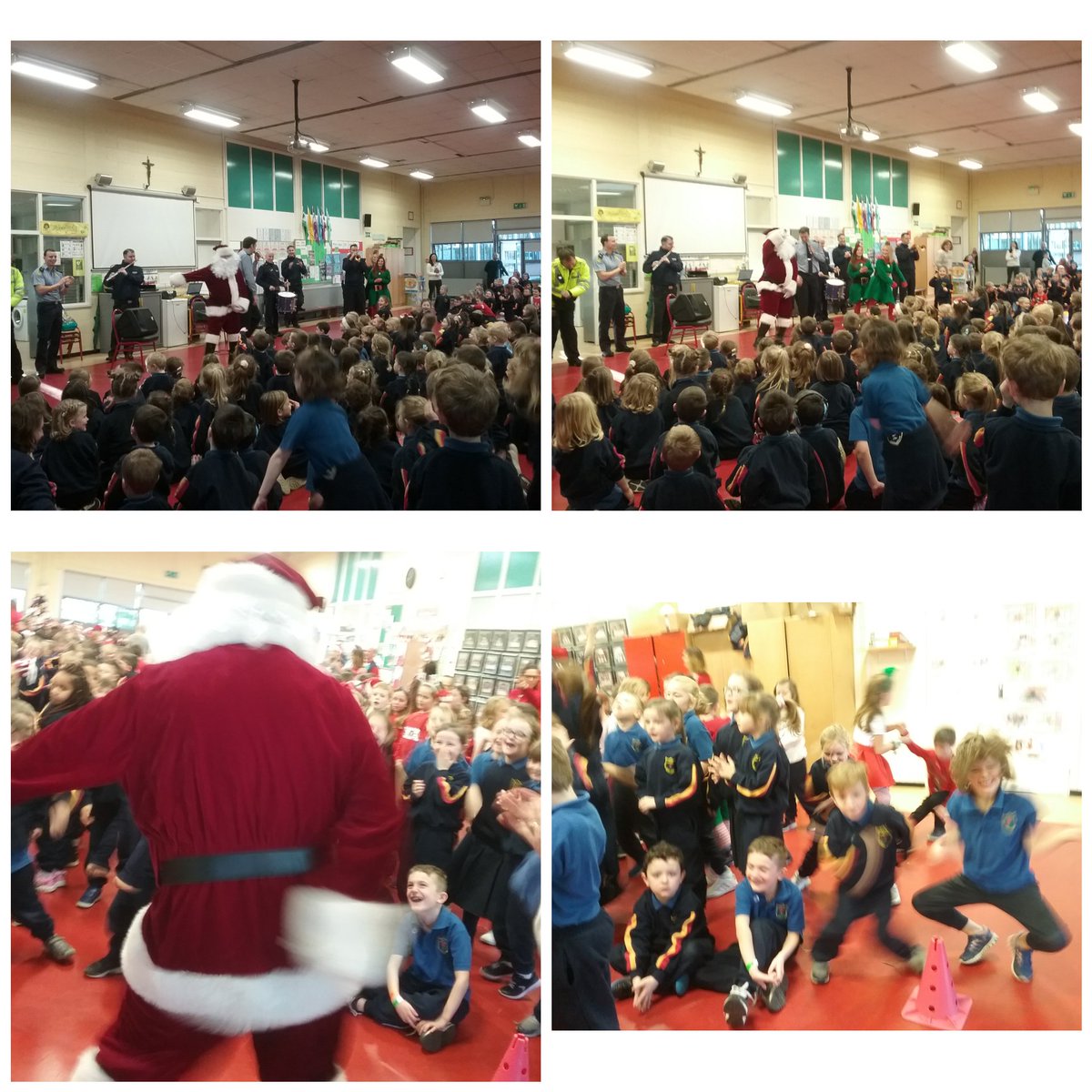 Teach_Mitchell's tweet photo. Yesterday the Garda Band sang Christmas songs with the whole school!Santa arrived with 2 elves! He did the switch&amp; other dances from fortnite! He made the teachers do head shoulders knees &amp; toes too! We even got sweets afterwards. It was such a fun day! #santa @GardaTraffic https://t.co/U1UHF9yRu6