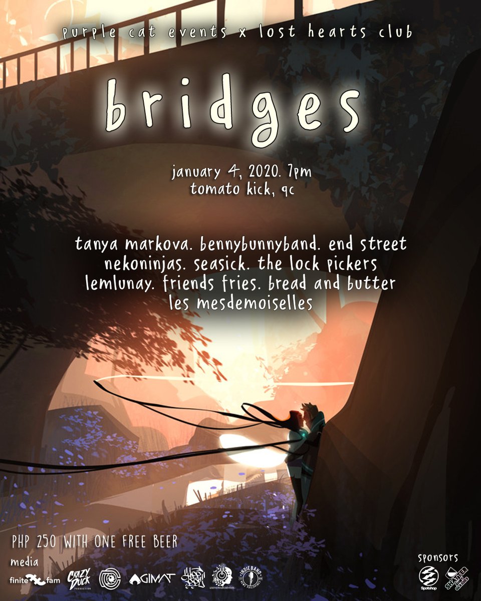 PurpleCatPh's tweet photo. Purple Cat Events x Lost Hearts Club presents

Bridges
Reaching out to new audiences and connecting people.

January 4, 2020 | Tomato Kick - Morato | 7PM
TICKET FEE: 250 W/ 1 FREE BEER

SEE YOU! https://t.co/1LE8MssHKY