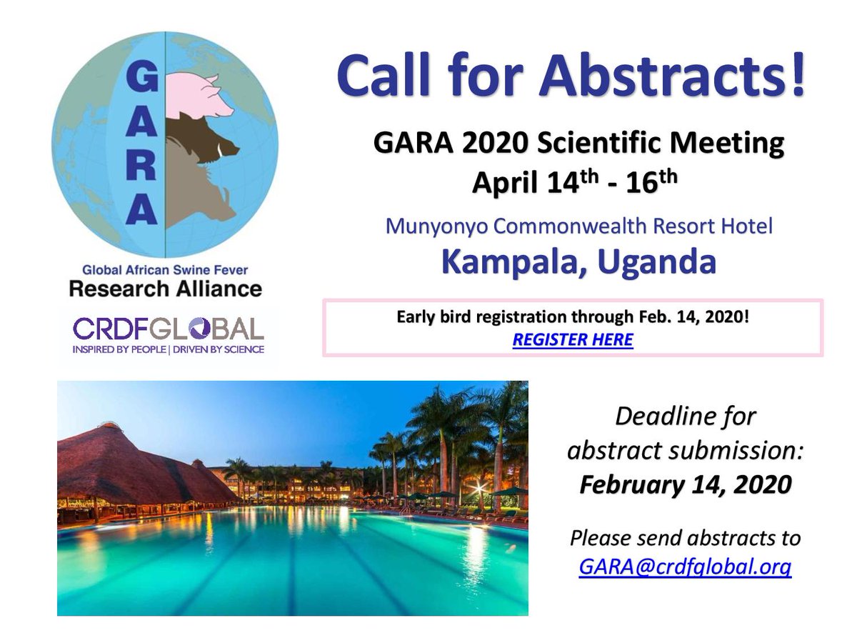 MakCoNAS's tweet photo. Global African Swine Fever Research Alliance - Scientific Conference (GARA-2020): Call for Abstracts; visit the following links on how to submit abstract 
https://t.co/ILkrc7HeD2
https://t.co/WupfKj9J4I
https://t.co/2hP2e7mw17
@cmasembe10 @ASFDynamics @ZooEntFish @ng_asf https://t.co/xzUjXNmAU4