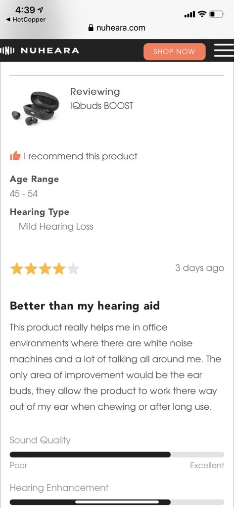 cannostake's tweet photo. “Better than my hearing aid” from @Nuheara customer with mild hearing loss, 45-54yrs. #IQbudsBOOST aren’t hearing aids but for some customers like Kevin they really do a great job. https://t.co/scwVxHTNzy