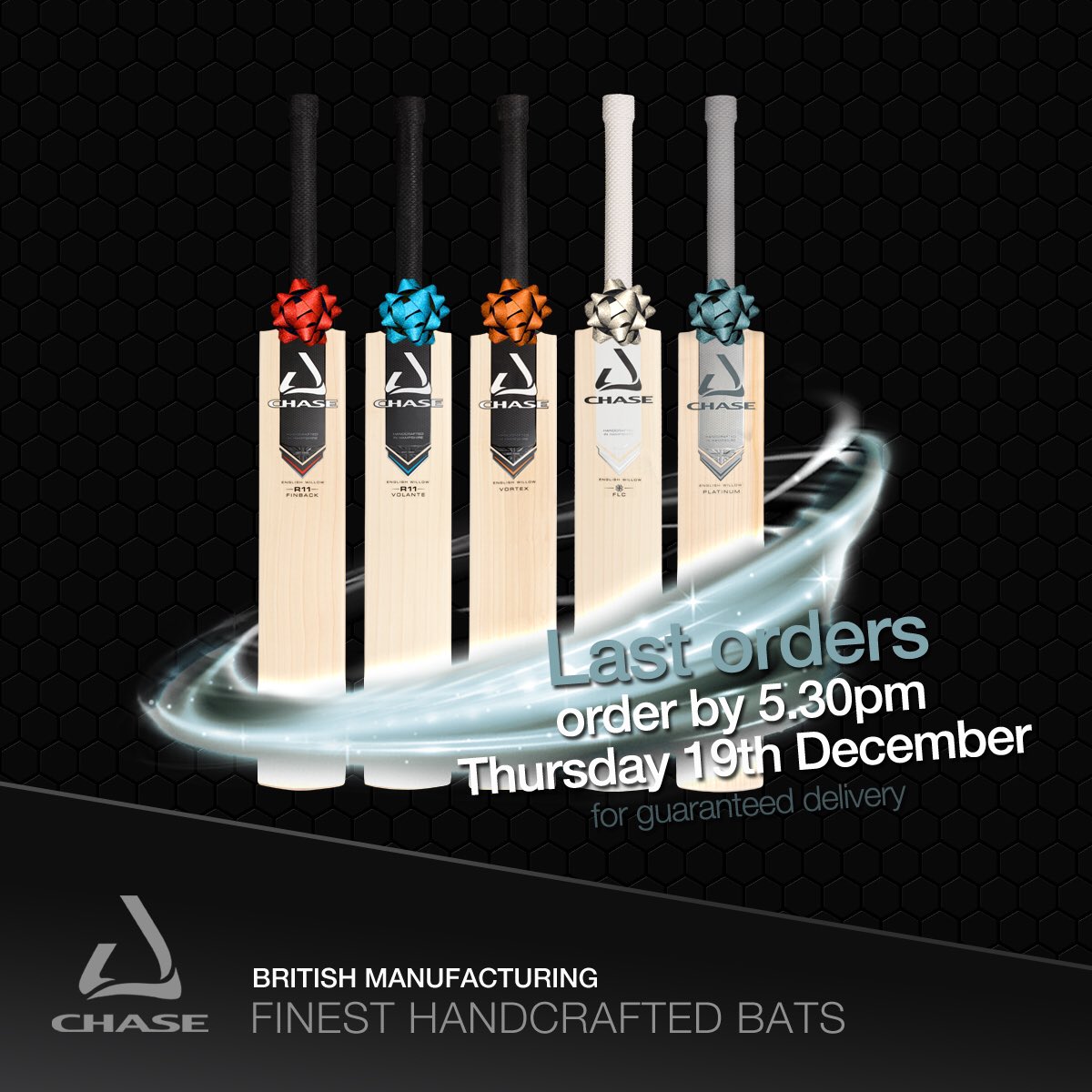 ChaseCricket's tweet photo. Looking for the perfect gift this Christmas? Visit our website at https://t.co/TJ3xkjdqTd or come and see us at our workshop in Hampshire. For guaranteed delivery before Christmas please order by Thursday the 19th of December 🎁 #christmasgifts #lastorderdate #chasecricket https://t.co/I2rk1RiYex