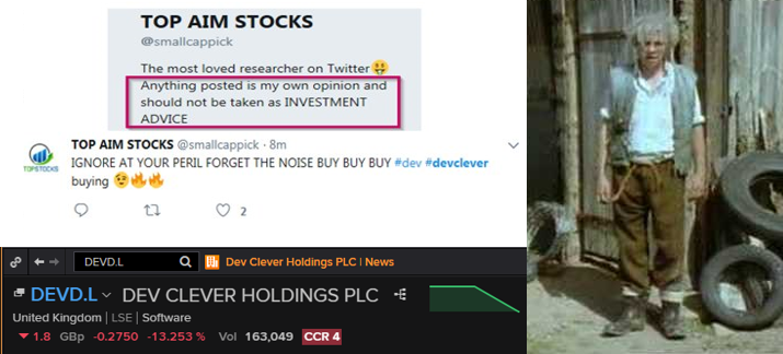 holdmybeer13's tweet photo. This week @smallcappick will mostly be losing you money on #DEVCLEVER .. adding to the massive losses on #KOOV and #TECHFINANCIALS ๐๐๐๐๐๐คฆโโ๏ธ#VLU #NSCI https://t.co/moJNXqQSuR