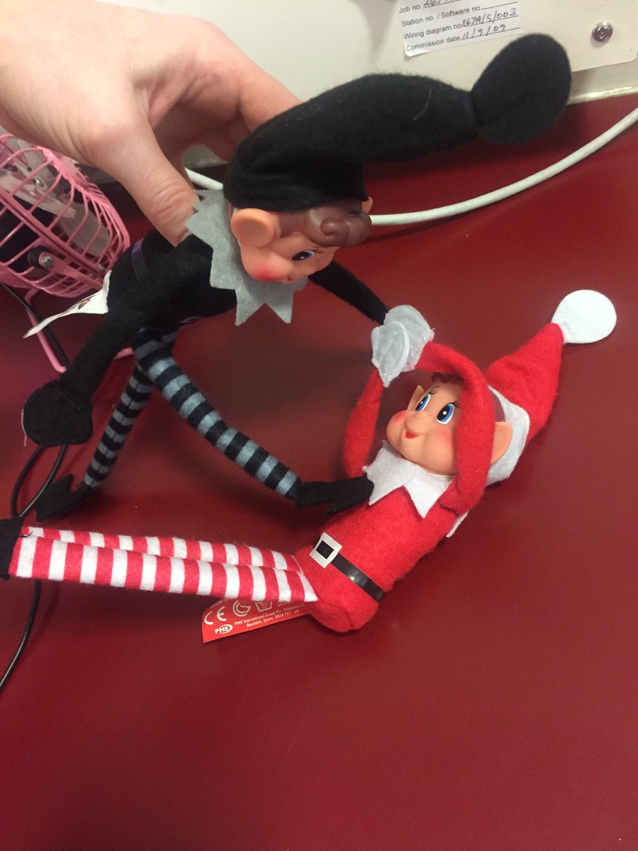 EshmadeKirsty's tweet photo. Oh no Monty has arrived from the North Pole and started on our poor Johnny....... #badelf #naughtyboy #pieeatingcompetition #MBANorthMid @vikkiludlow @mihaela09943475 @NorthMidNHS https://t.co/JM3QQISaHD