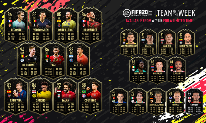 EsportRuby's tweet photo. L'équipe de la semaine N°14 viens de sortir ! Encore une fois du beau monde, De Bruyne 🇧🇪 Salah 🇪🇬 Sancho 🏴󠁧󠁢󠁥󠁮󠁧󠁿 Coutinho  ... en espérant que vous allez chopper du lourd dans les récompenses  !  🔥🤞🏽 #TOTW14 #FIFA20 #FUT20 https://t.co/5wQOetMkCB