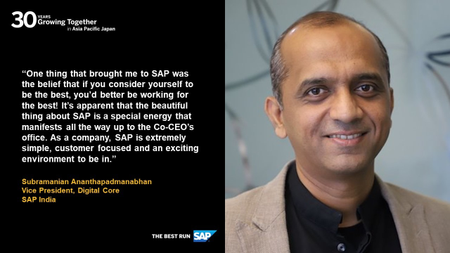 kernra's tweet photo. SAP India's Subramanian Ananthapadmanabhan shares that SAP inspires outstanding work with equally exceptional colleagues! Check out more: https://t.co/8uAosBbeWN #SAPAPJ30 https://t.co/7KzDyjp8Aw https://t.co/3pRL0zzEdo