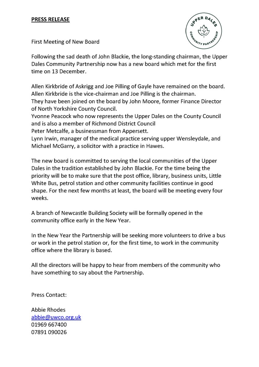 #PressRelease - Newly formed Board of Directors for UDCP Ltd following the sad passing of Cllr John Blackie earlier this year.
#communitymatters #TogetherWeCan