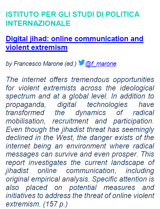 f_marone's tweet photo. Nice to see our @ISPI_Terrorism Report "Digital #Jihad" in the @EUCouncil Think Tank Review
https://t.co/qcqC4jJ1ba https://t.co/45w47TWtDA