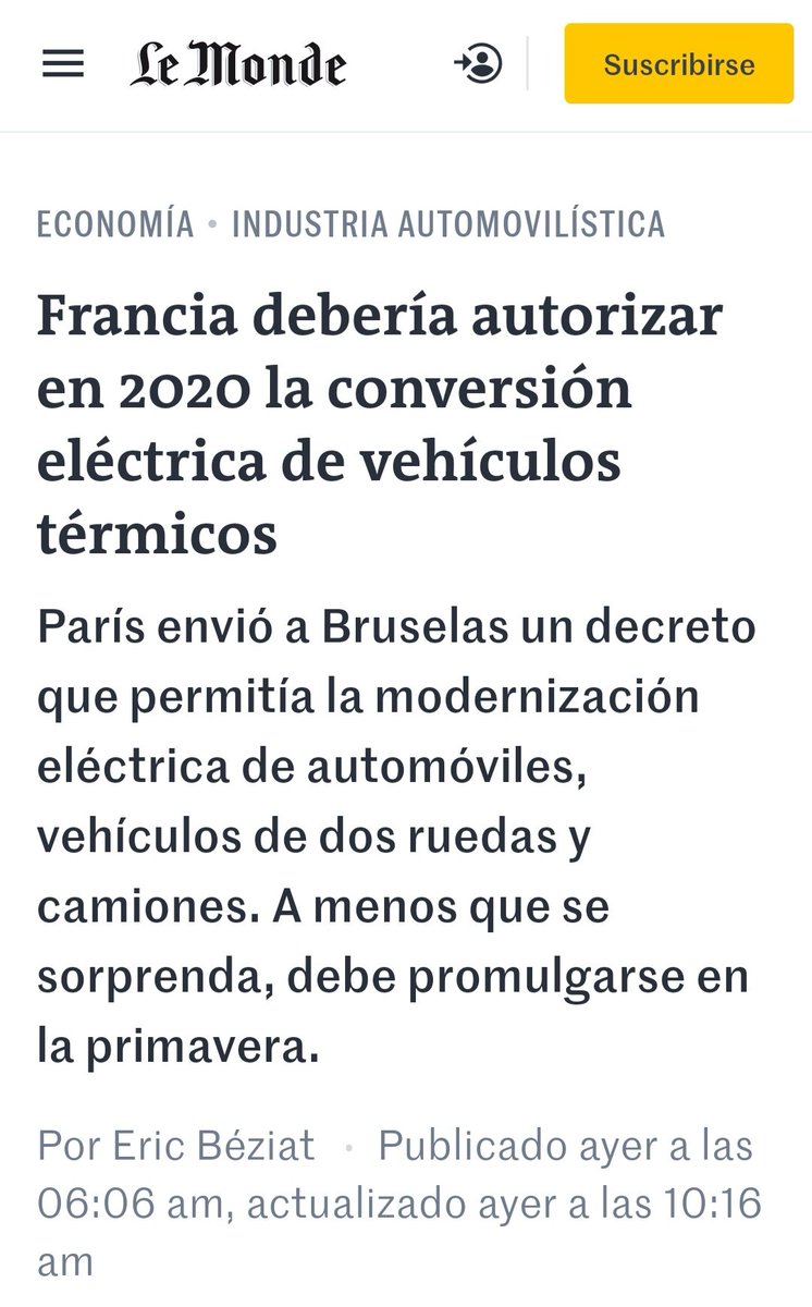 Mientras Francia hará obligatoria conversión de todo tipo de vehículos de combustión fósil a eléctrico, en Chile se prohibe totalmente dicha transformación negando el permiso de circulación, alegando es una transformación mayor. Realmente, desilusionante. 
lemonde.fr/economie/artic…