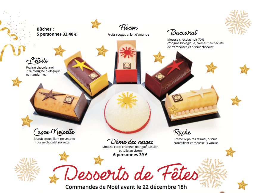 PatOSMONT's tweet photo. Nos nouvelles bûches ont un franc succès  : 
- Etoile (chocolat mandarine) 
 - Flocon (fruits des bois mousse aux amandes)
 - Dôme (coco et mousse exotique)
Ou l'entremet  "Kir 2020" (champagne Cassis)

Vous avez jusqu'a dimanche pour votre commande 
https://t.co/8lUAIauLo6 https://t.co/JIXs0QhSH3
