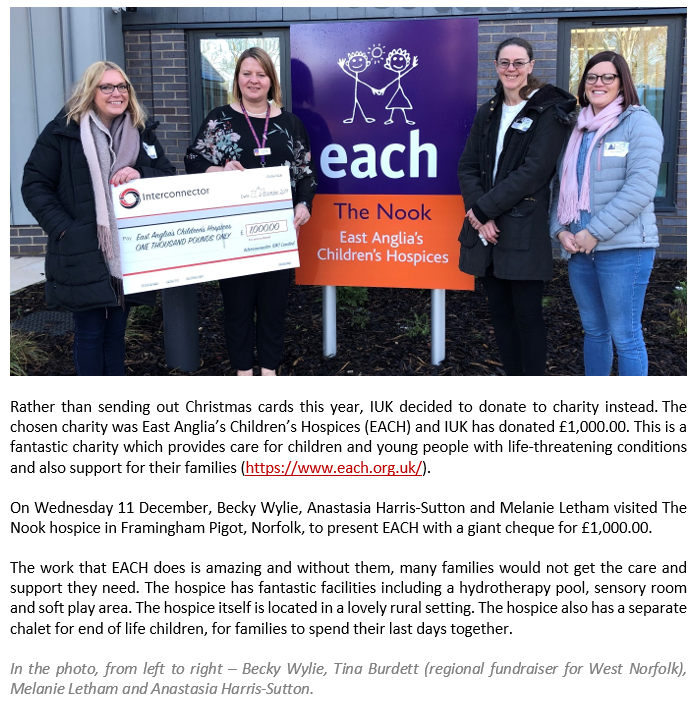 _Interconnector's tweet image. This Christmas, IUK has donated £1,000 to @EACH_hospices. This is a fantastic charity which provides care for children and young people with life-threatening conditions and also support for their families each.org.uk.