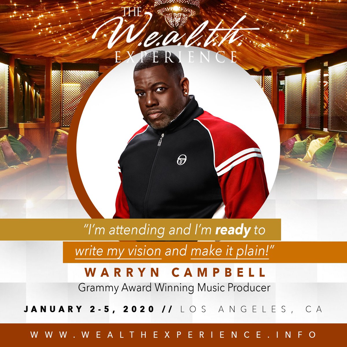 W.E.A.L.T.H. (@thewealthexp) on Twitter photo Men, we have something special for you! Grammy Award winning producer <a href="/warryncampbell/">Warryn Campbell</a> will help you write your life, $$ & relationship vision!
Join your sister, mother or significant other!
@hiphopsistersnetwork
#Wealthexperience2020 #WealthExperience
Wealthexperience.Info Men, we have something special for you! Grammy Award winning producer <a href="/warryncampbell/">Warryn Campbell</a> will help you write your life, $$ & relationship vision!
Join your sister, mother or significant other!
@hiphopsistersnetwork
#Wealthexperience2020 #WealthExperience
Wealthexperience.Info