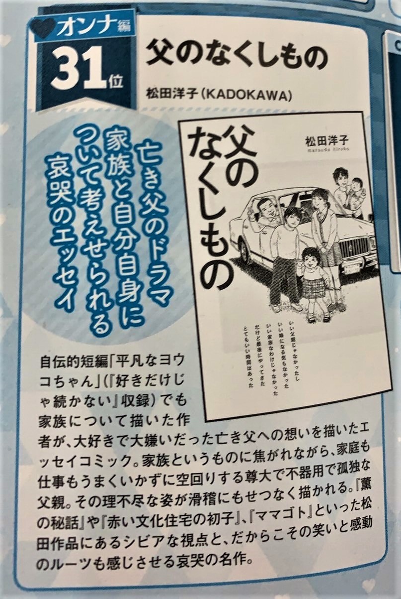 松田洋子 宝島社の このマンガがすごい って回収されてもう手に入らないの 父のなくしもの がオンナ編３１位でものすごくいい感じで紹介されてると今頃知ったんですけど 思いっきり私的マンガなんでスルーされるだろうと思ってました 推し