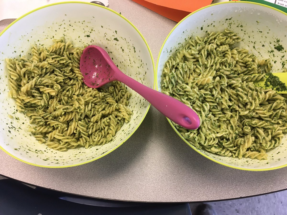 We made two types of pesto with kale and basil from our classroom garden: basil pesto, and basil-kale pesto. Most students prefer the basil pesto! <a href="/AITCNL/">Agriculture in the Classroom NL</a> <a href="/littlegrnthumbs/">Little Green Thumbs</a> @ElizabethParkEl