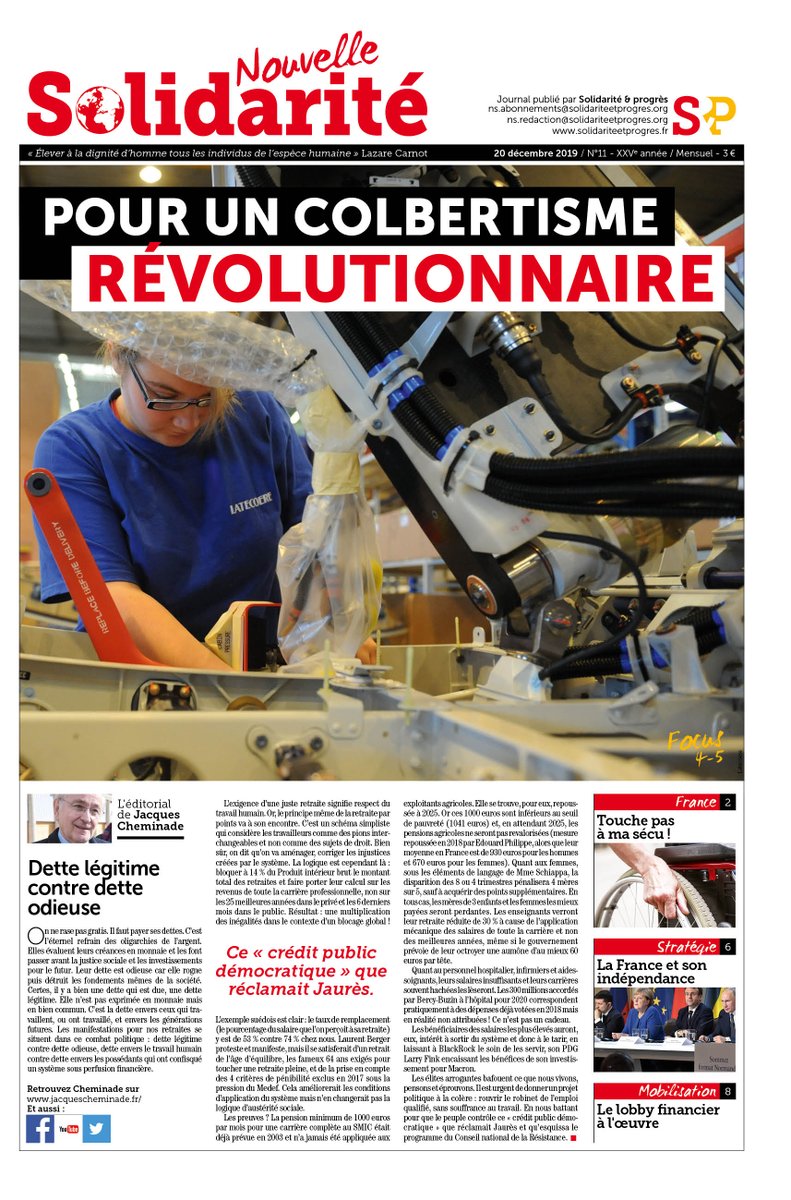 NouvelleSolidar's tweet photo. "Pour un #colbertisme #révolutionnaire" En avant-première, l'intrigante #UNE de Nouvelle #solidarité N°11/2019. N'attendez pas le père Noël pour vous abonner ! #Macron #Retraites #Industrie #Emploi #croissance #Recherche #startup #Chine #spacevalley https://t.co/Kjtb9Ds4Xg