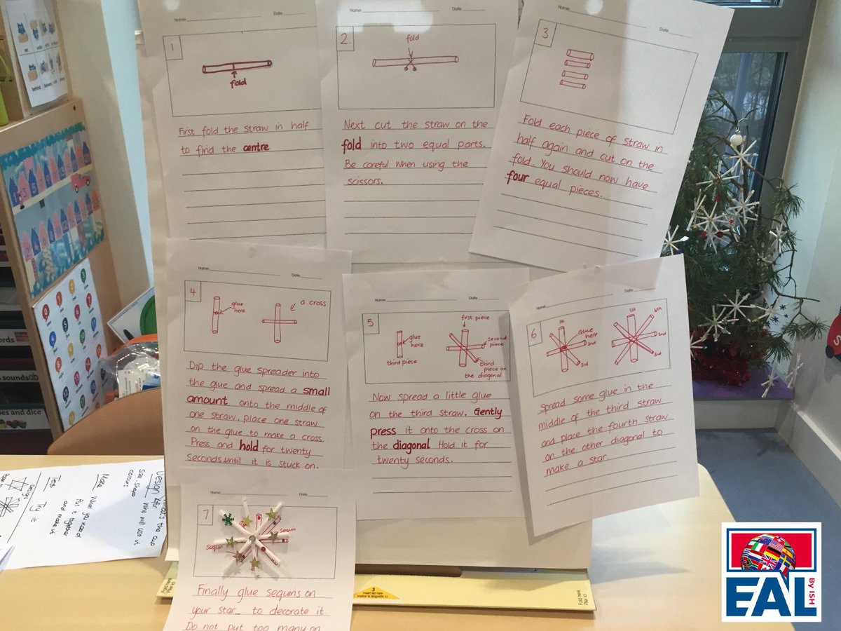 ISH_EAL's tweet photo. How can you integrate #IPC Technology, #Writing and Winter celebrations in one activity? Y2 #EAL students read and followed instructions to make their own star decoration to hang on a pine branch. They found the labelled diagrams a big help, pictures speak louder than words. https://t.co/hOZmeGS8OT
