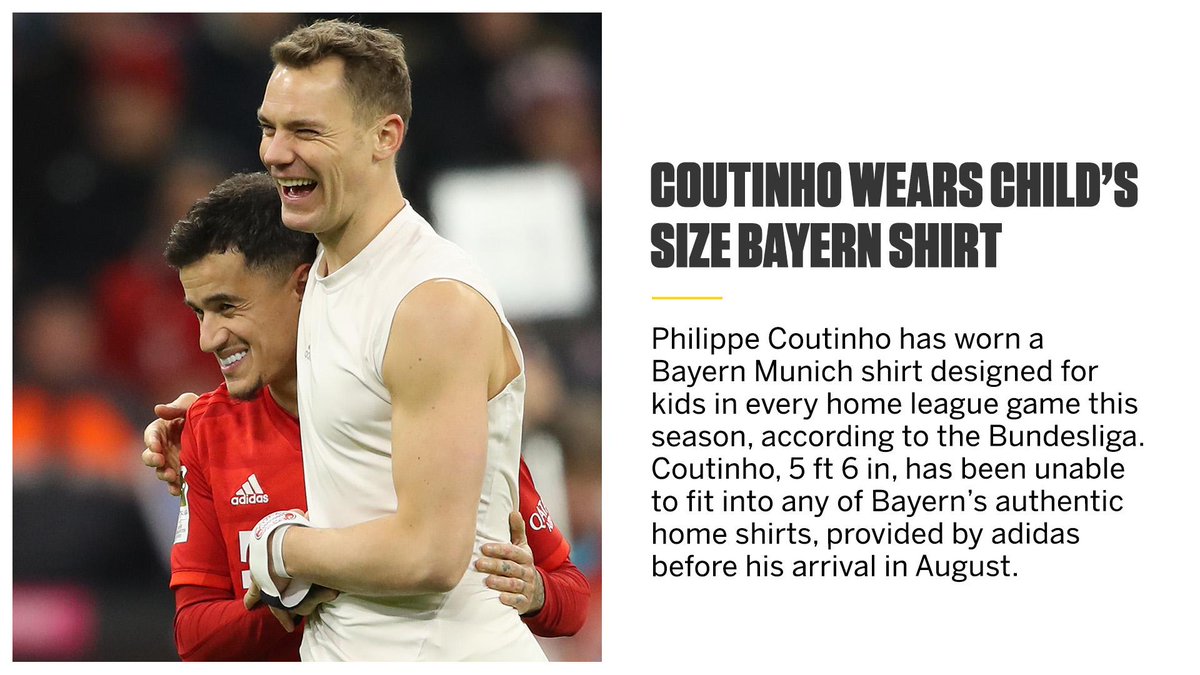 ESPNFC's tweet photo. Coutinho has been wearing Bayern Munich shirts designed for kids 😂 https://t.co/YHdmkmcp1I