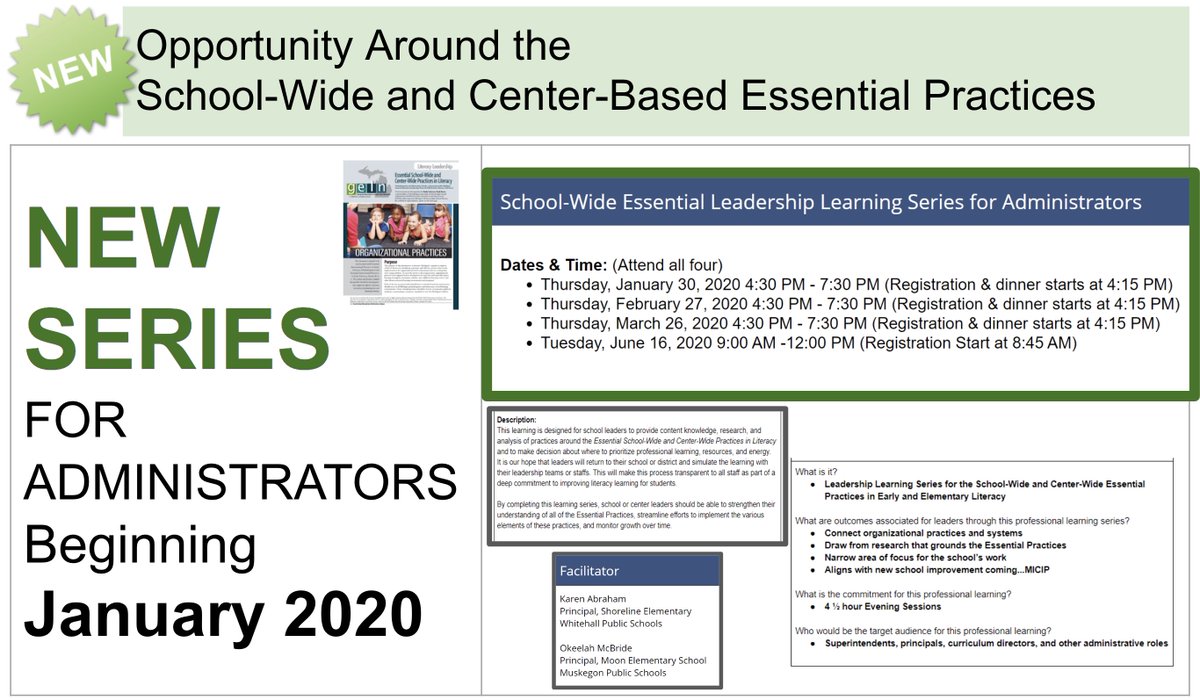 Great new administrator series on school-wide literacy essentials starting Jan 30th.  This learning experience is being led by two building principals and will be powerful learning! bit.ly/2PiY4lX <a href="/KtTaber/">Katie Taber</a> <a href="/JohnKrausEdLead/">John Kraus</a> <a href="/MAISA_ISDs/">MAISA</a> <a href="/nellkduke/">Nell K. Duke</a> <a href="/MelissaUsiak/">Melissa Usiak, PhD</a> <a href="/Erin3rown/">Erin Brown</a>