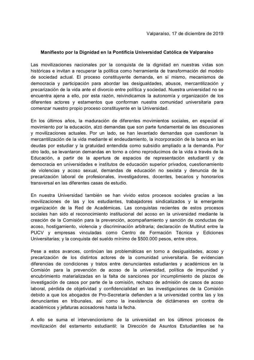 multiestamental's tweet image. Les compartimos nuestro Manifiesto por la dignidad en la Pontificia Universidad Católica de Valparaíso. Chile cambió ¡La PUCV también debe hacerlo!