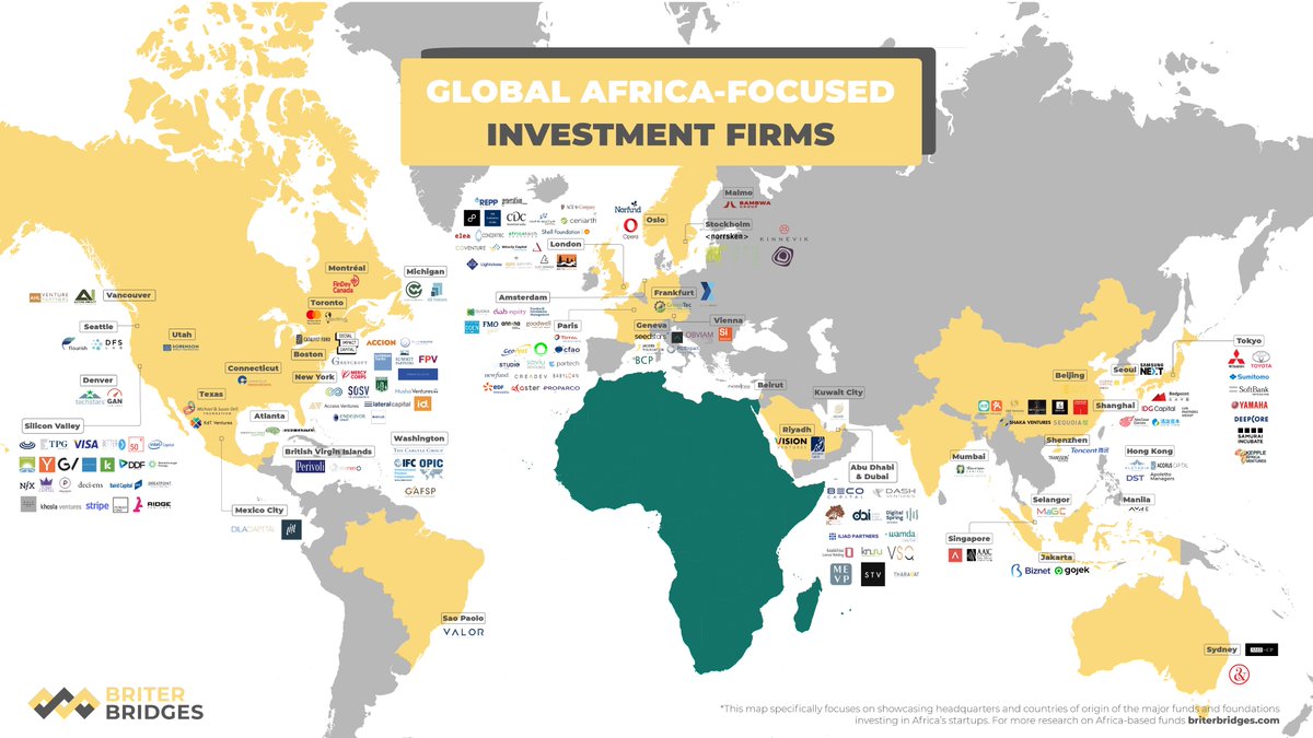 It's been some time but here we are (almost) at the end of a great decade with one of @Briter_bridges' last #InnovationMaps🗺️ in 2019 looking back at some of the key global #investors💰(no angels) funding innovative companies in #Africa, from #Washington🇺🇸 to #Tokyo🇯🇵