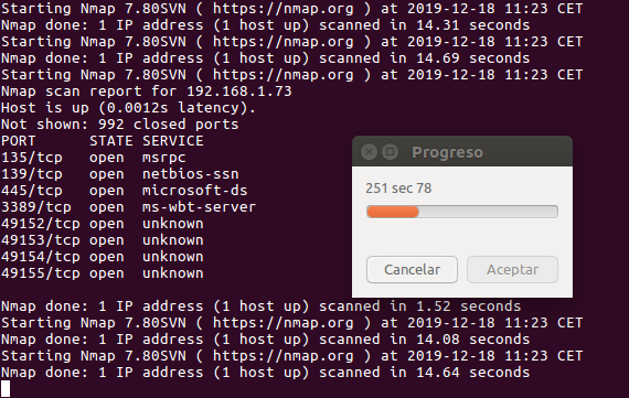 seguridadyredes's tweet photo. Escanenado la red con #nmap && #parallel.
Progreso usando --bar y #zenity
seq 254 | parallel -j 5 --bar '(nmap -Pn -sT 192.168.1.{} --open)' 2> >(zenity --progress --auto-kill --auto-close)
Evidentemente es un ejemplo. Lo podemos aplicar a tantas cosas ... ;-) https://t.co/jOpZOvswqo