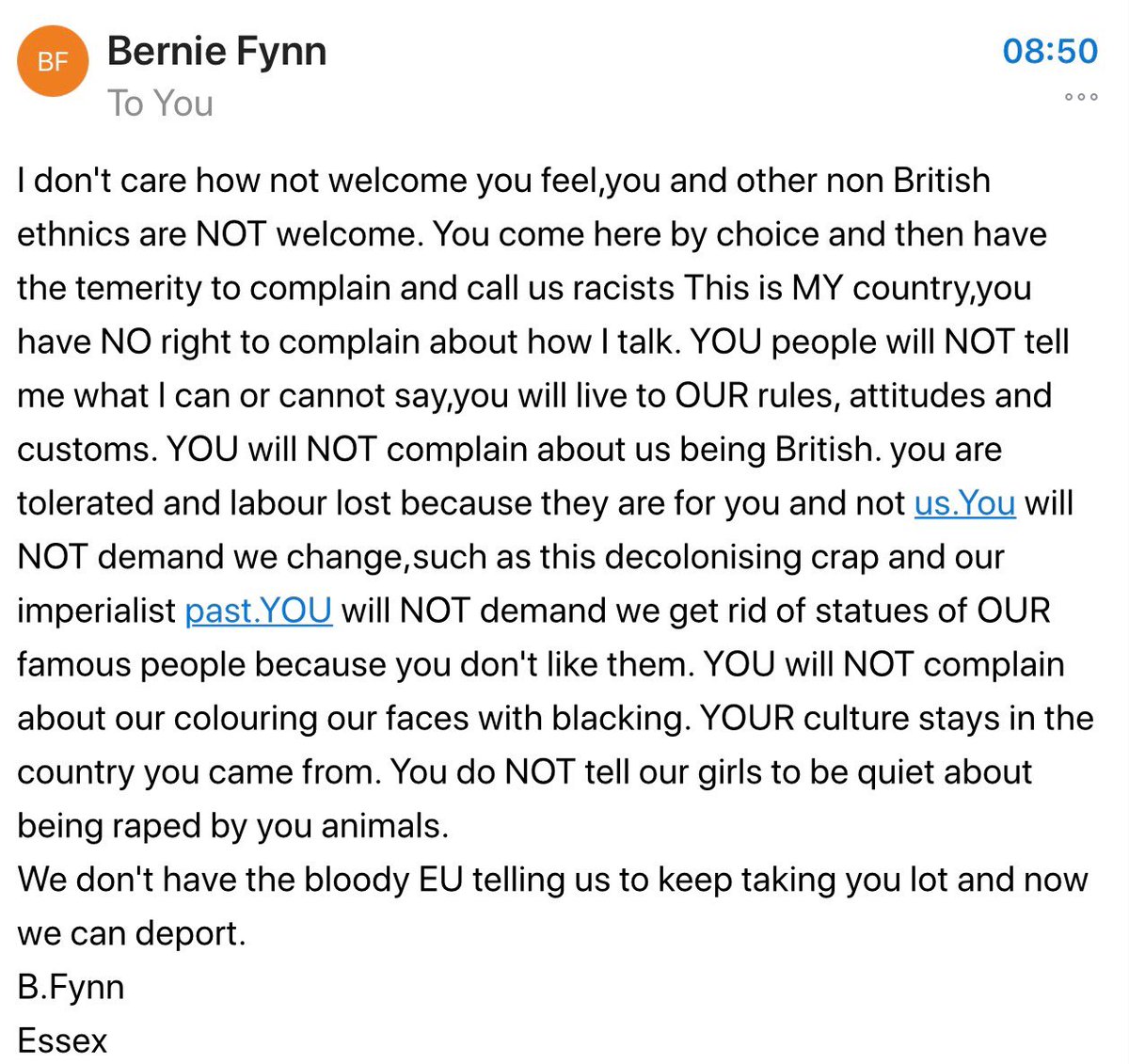 “This is MY country, you have NO right to complain about how I talk. YOU people will NOT tell me what I can and cannot say and you will live to OUR rules, attitudes and customs” 
Merry Christmas Bernie - send me an 
address I’ll pop round with some Yorkshire tea and samosas 💕😉