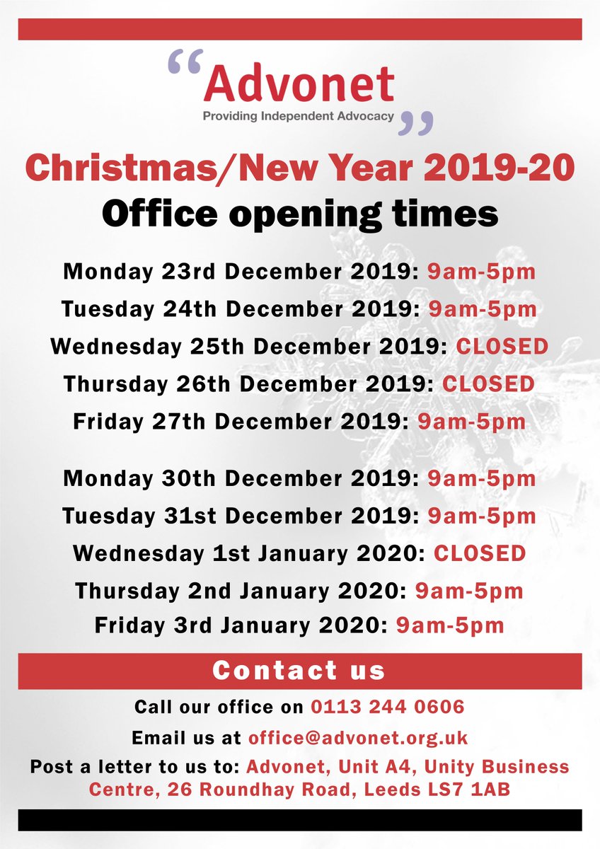 The Advonet Group (@advonetuk) on Twitter photo Here is a list of our #Xmas2019 opening times. For more info on when we're available, please click here: advonet.org.uk/christmas-new-… <a href="/MyForumCentral/">Forum Central</a> <a href="/AdvonetHealth/">Advonet Health Complaints Advocacy</a> <a href="/AdvonetVol/">Volunteering at Advonet</a> <a href="/leedsautismAIM/">Leeds Autism AIM</a> <a href="/askingyouleeds/">Asking You!</a> Here is a list of our #Xmas2019 opening times. For more info on when we're available, please click here: advonet.org.uk/christmas-new-… <a href="/MyForumCentral/">Forum Central</a> <a href="/AdvonetHealth/">Advonet Health Complaints Advocacy</a> <a href="/AdvonetVol/">Volunteering at Advonet</a> <a href="/leedsautismAIM/">Leeds Autism AIM</a> <a href="/askingyouleeds/">Asking You!</a>