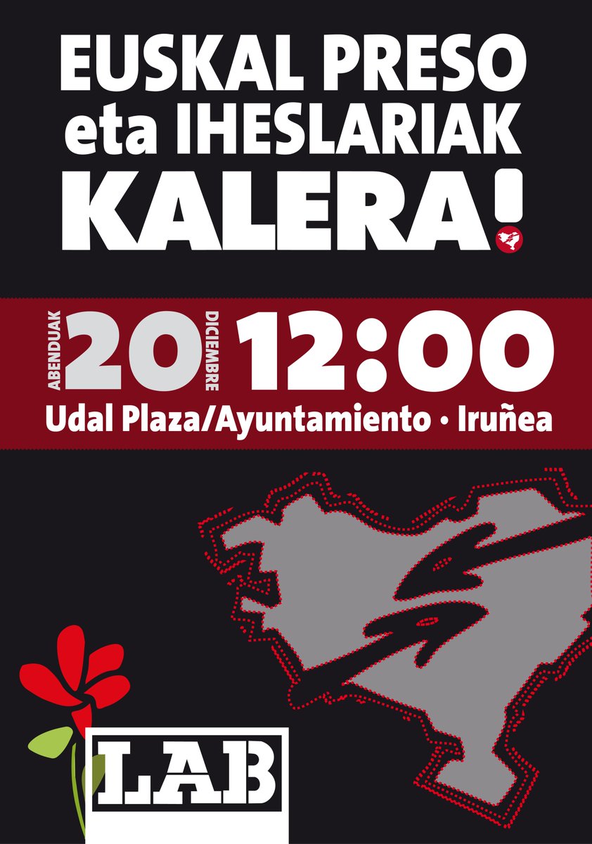 LABnafarroa's tweet photo. Ohikoa duenez, Eguberrien aurretik LAB sindikatuak mobilizazio bat eginen du Iruñean euskal preso eta iheslarien kaleratzea eta etxeratzea aldarrikatzeko.

IRUÑEA
20 de diciembre, viernes
12:00
Plaza del Ayuntamiento https://t.co/eGTSKGqOLD