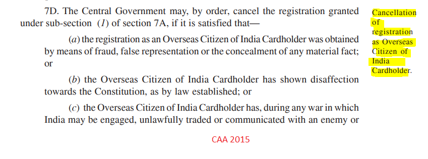 avtansa's tweet photo. To clarify, how the criteria are changed wrt to cancellation of OCI card. Here are some snippets from #CAA2019 & #CAA2015 https://t.co/A1rMy3mOBW