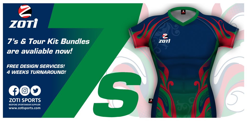 7's &amp; Tour Kit Bundles are available now!

🔹 Free design services 
🔹 4 Weeks turnaround 

Send us your quote &amp; design request via email sales@zotisports.com 

#rugby #rugbykit #rugbyball #rugbyshirt #RugbyLife #RugbyPlayer #Rugbygirl #ILoveRugby #RugbyUnion