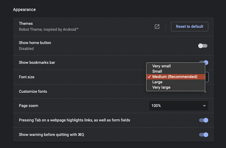 Browser preferences page showing the default font size settings section.