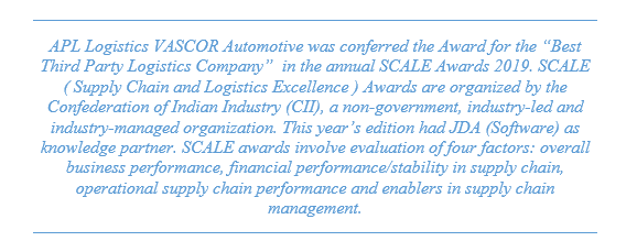 apllvascor's tweet photo. APL Logistics VASCOR Automotive was conferred the Award for the “Best Third Party Logistics Company”  in the annual SCALE Awards 2019. SCALEAwards are organized by the Confederation of Indian Industry (CII), a non-government, industry-led and industry-managed organization. https://t.co/uCIvBbayzU