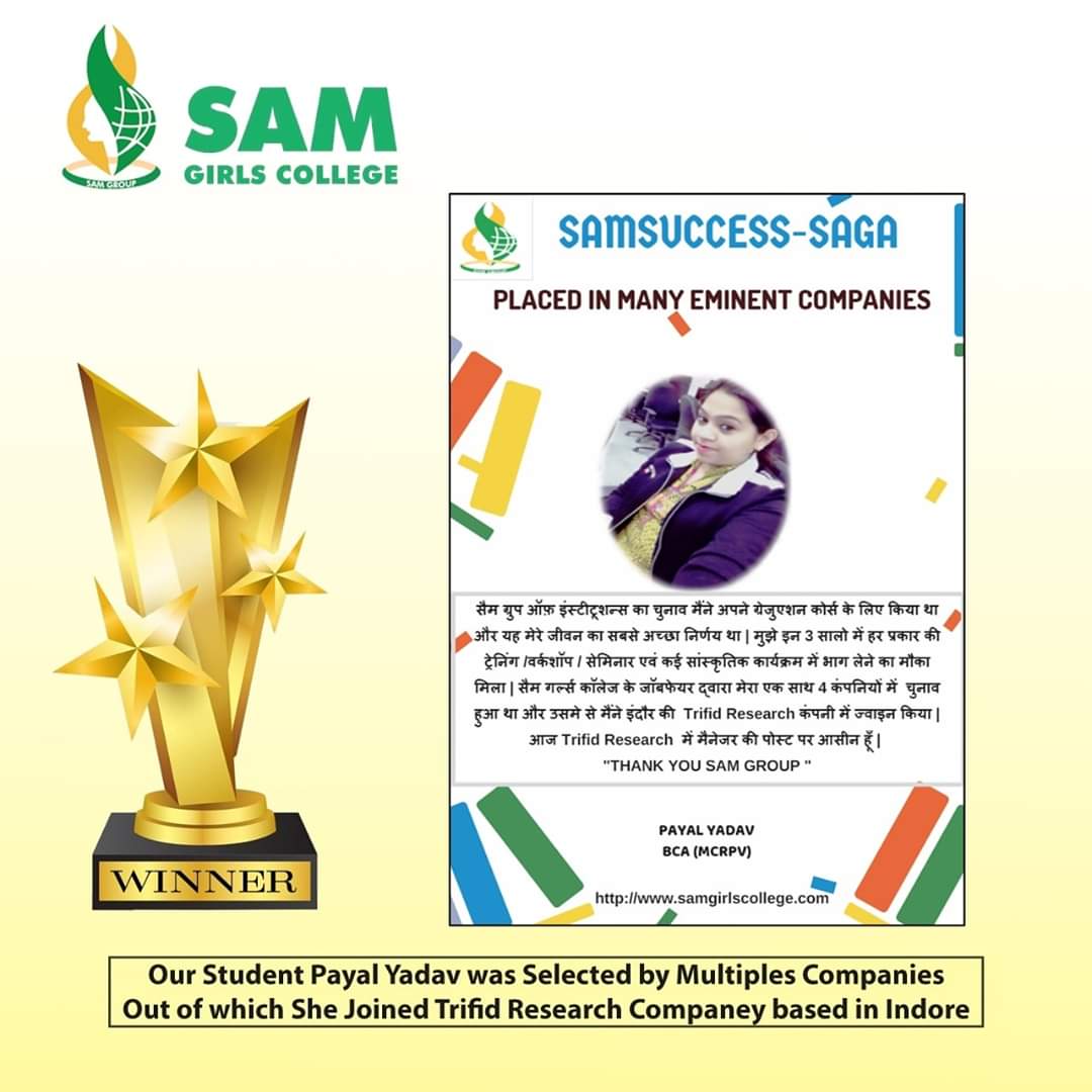 KarshMansi's tweet photo. Payal Yadav from BCA of Sam Girl's College, was selected in 4 eminent companies, out of which she joined Trifid Research Company, Indore.
#samgirlscollege #sam #samgroup #samglobaluniversity #placed #congratulations #company  #girlscollege #placement #proud #experience  #women https://t.co/c67V1EuRTI