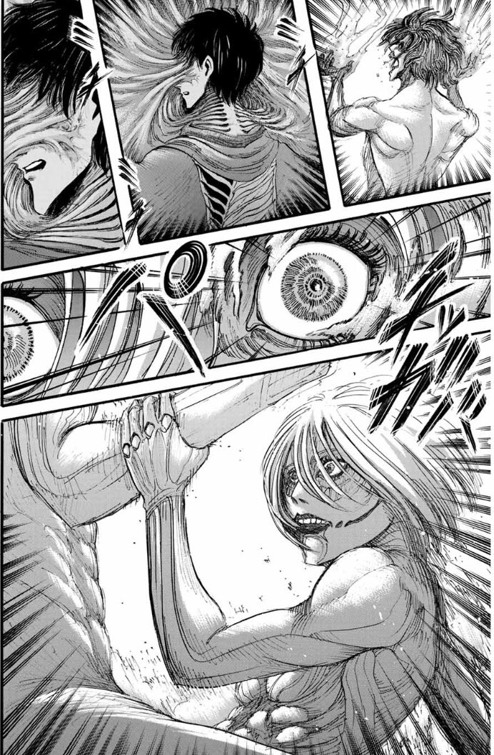 Terrachild そうですね 3回目でした しかもエレンは大岩で塞げるかのプレッシャーをひどく感じていました 知性が無垢 化するのは巨人化の回数だけで無く 本体の精神力も影響するのではと思ってます 巨大樹の森でアニと戦った時 エレンは1回目なのに