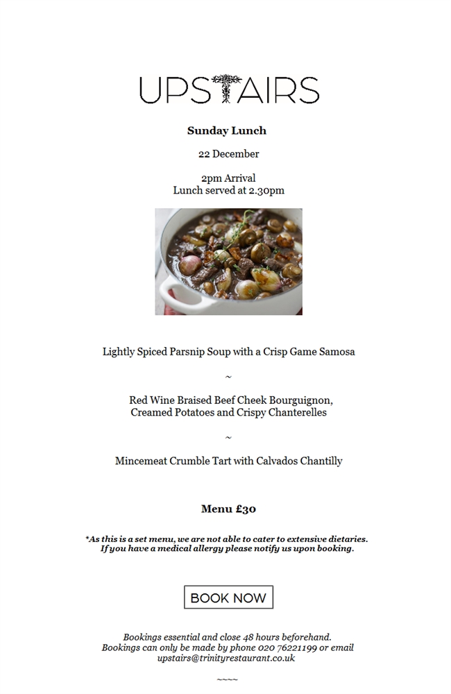 TrinityLondon's tweet photo. This Sunday Lunch Upstairs - 22 December https://t.co/f8V62TXA3h https://t.co/7yjnwjiZ0u